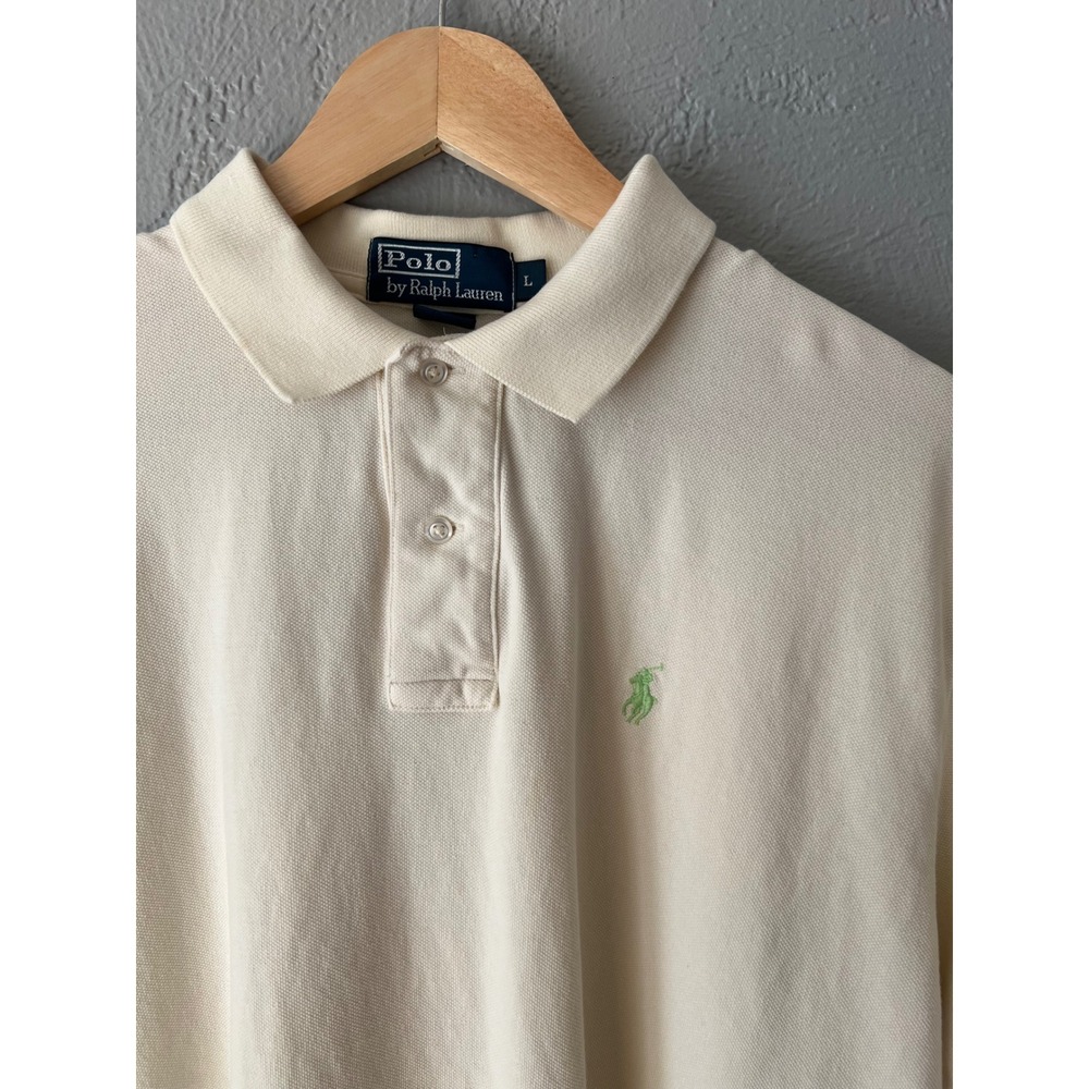 Polo Ralph Lauren Mens Large Cream Polo Shirt Lime Green Pony Logo Cotton Pique